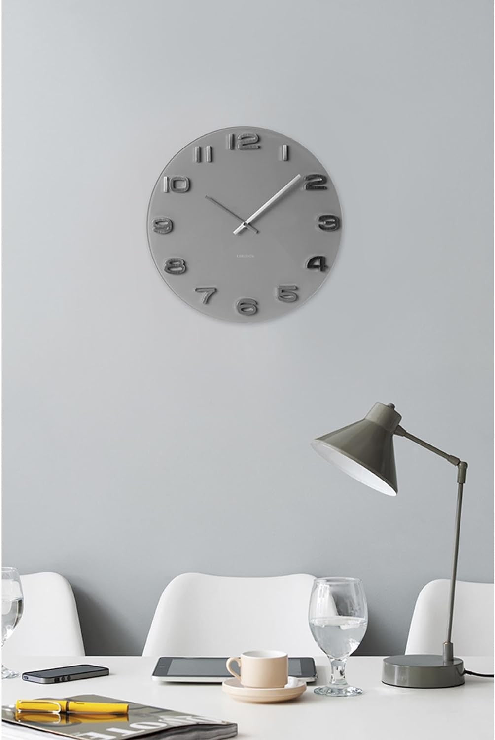35cm Grey Glass Wall Clock Modern Silent Quartz Round Home Office Decor