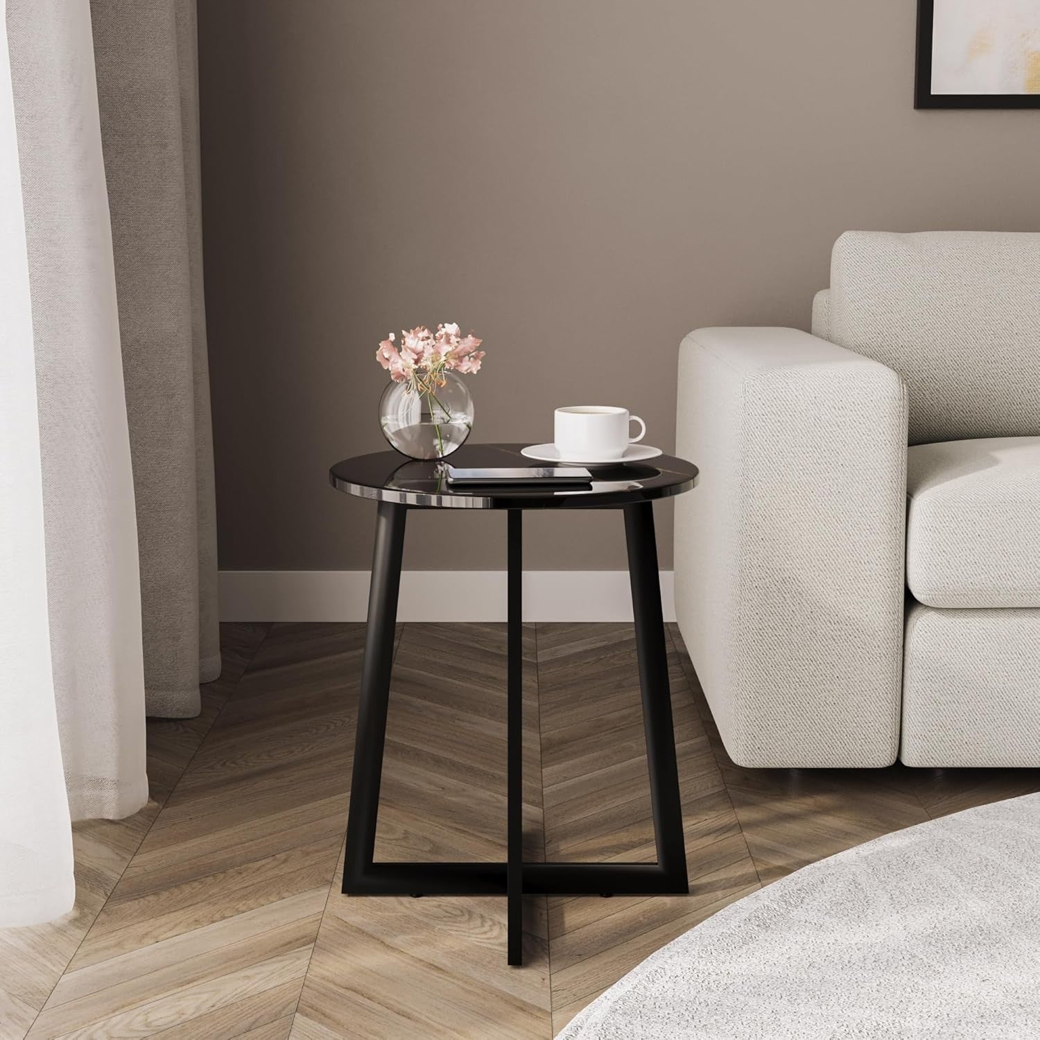 40cm Round Black Marble Look Coffee Side End Table Small Modern Steel Legs