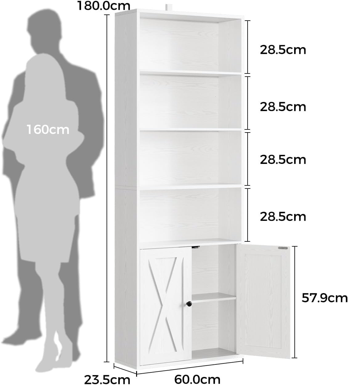 6 Tier Tall White Bookcase with Doors Storage Display BookShelf 60x23.5x180cm