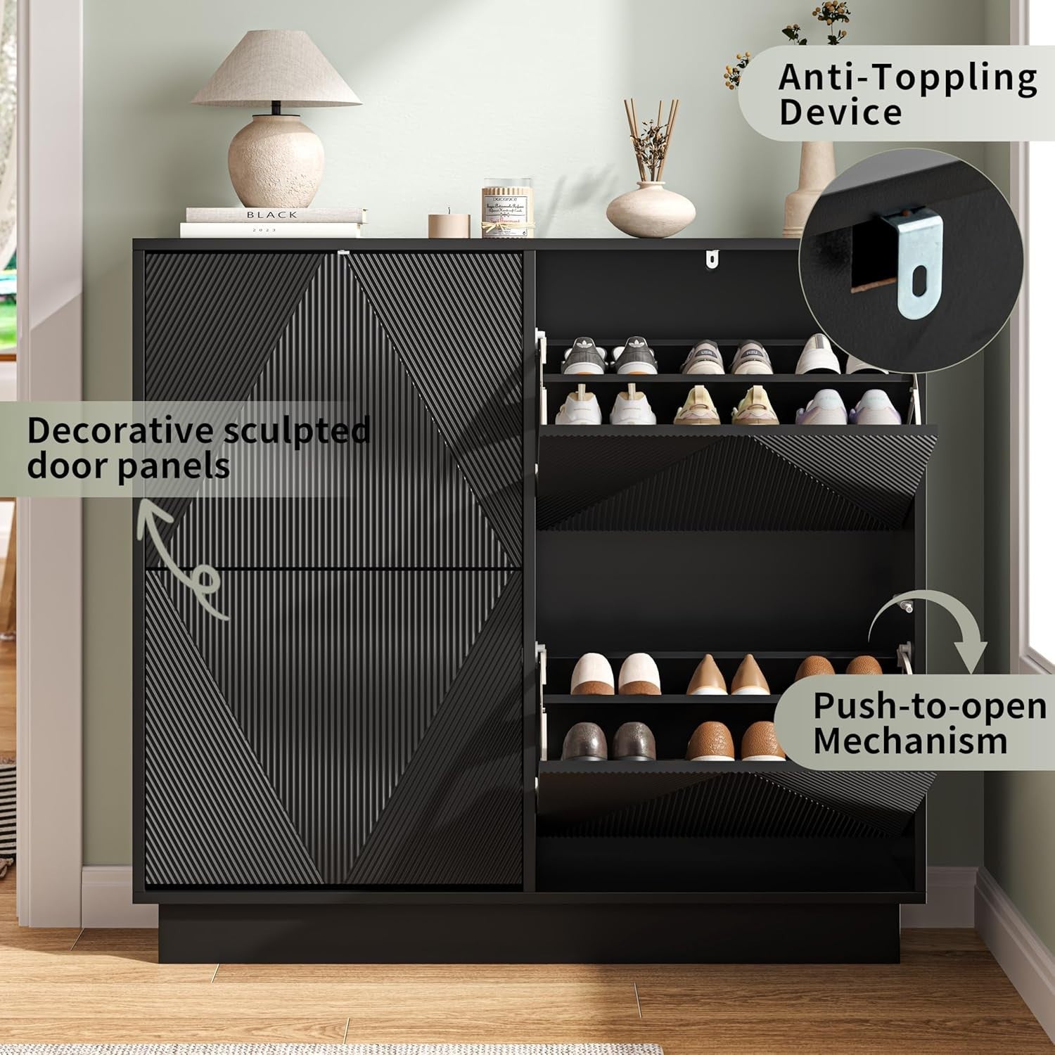 Slim Black Shoe Cabinet | 4 Flip Drawers, Anti-Tip, 99cm Wide Storage Unit