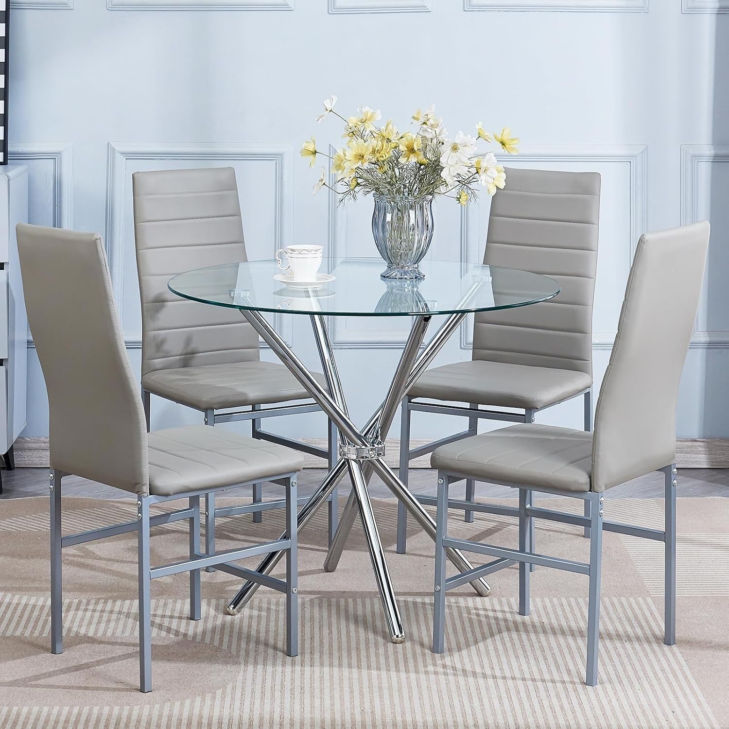 Set 4 Grey Faux Leather Chairs Round Glass Dining Table Compact Kitchen