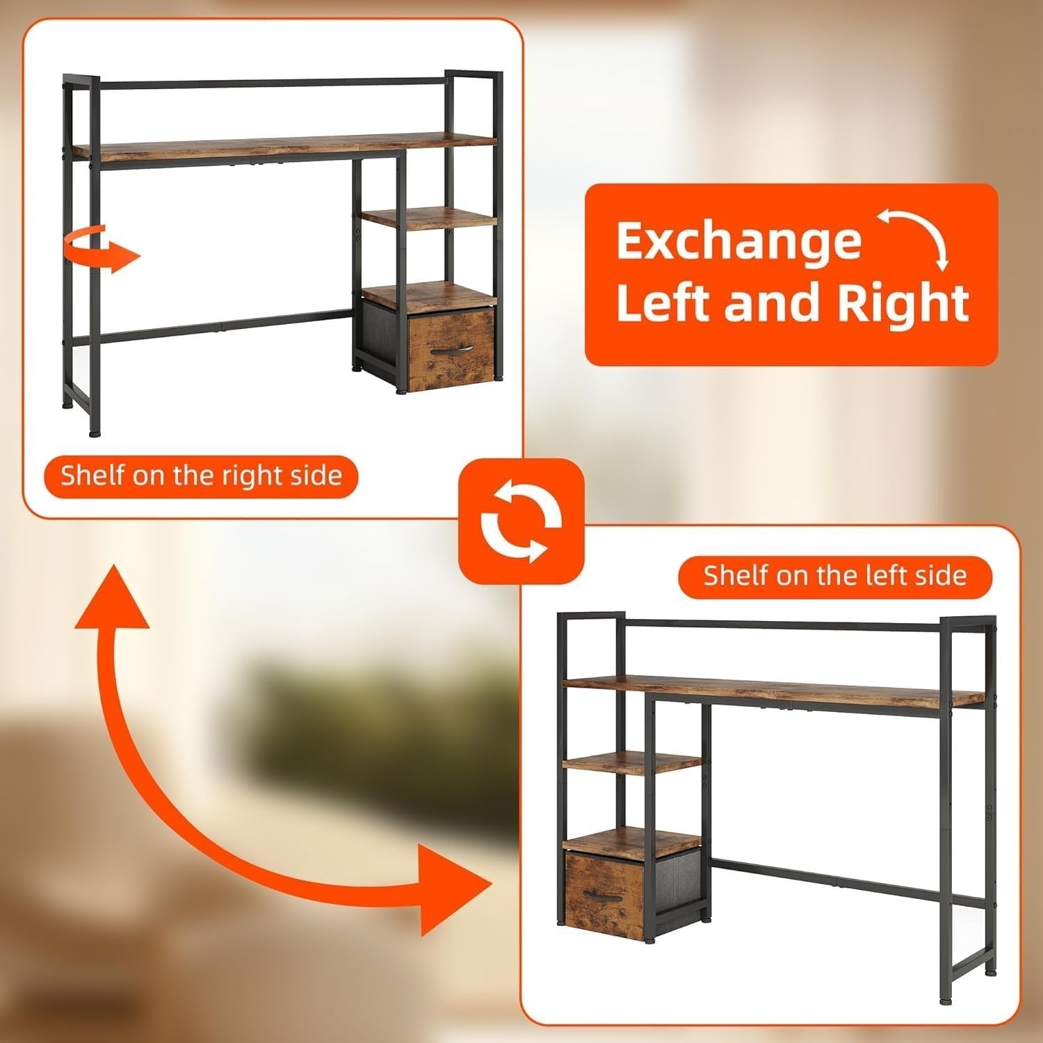 Rustic Brown Desk Hutch Shelf 41.3" 3-Tier Desktop Organizer with Drawer