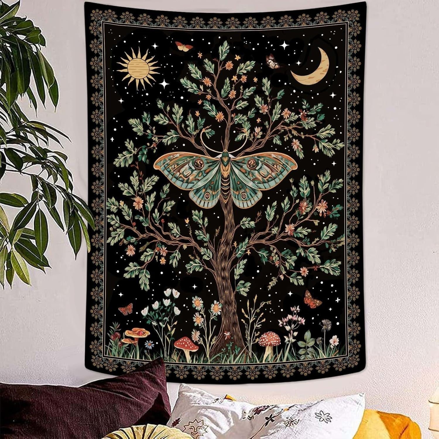 Tree of Life Wall Tapestry Celestial Moth Boho Decor 36x48