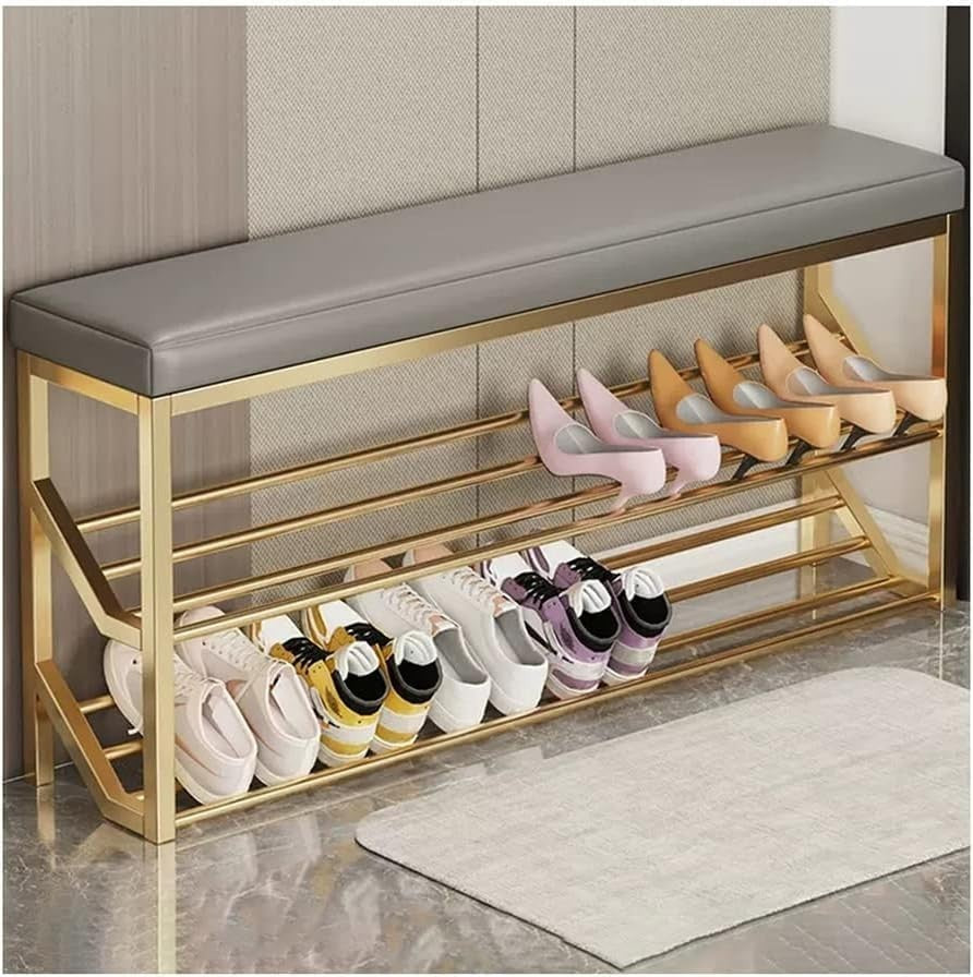 2-Tier Gold & Gray Entryway Shoe Rack Bench with Padded Seat