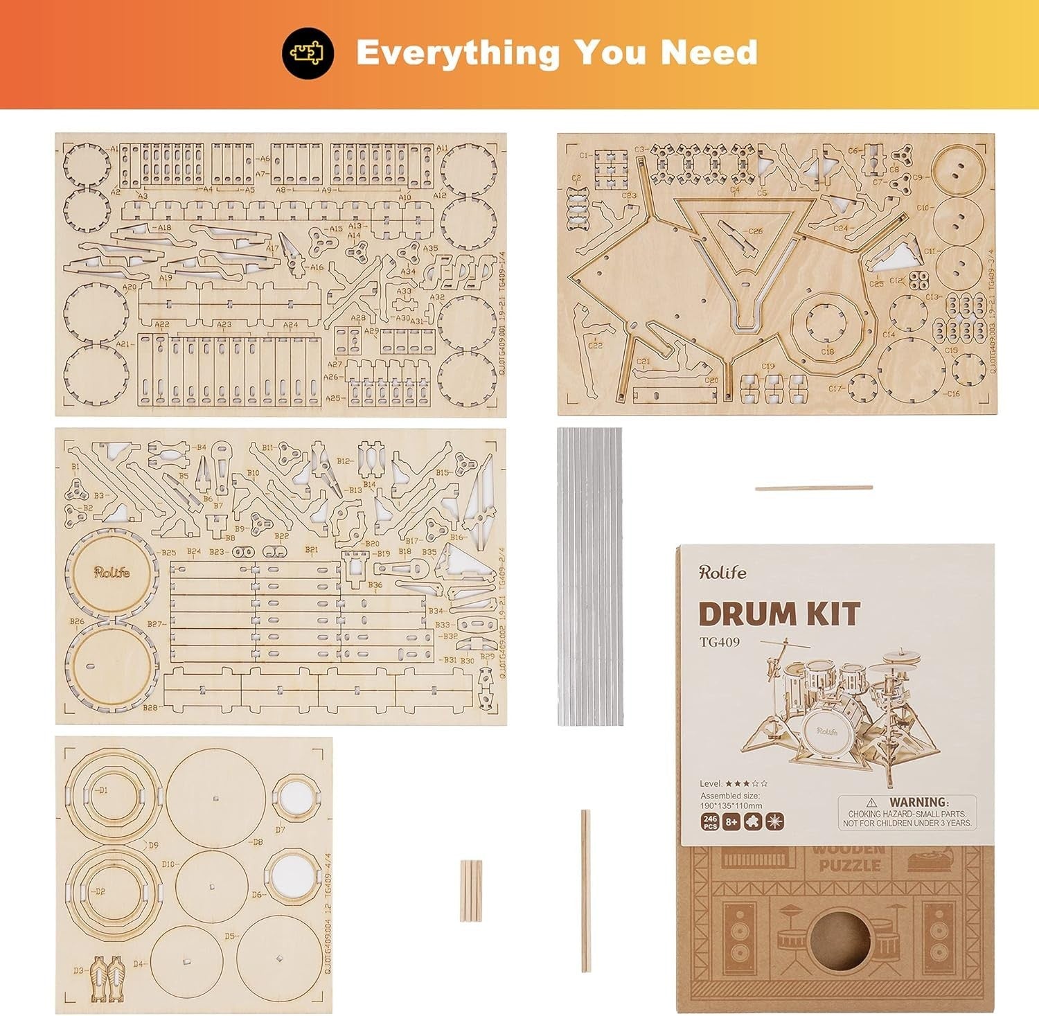 3D Wooden Drum Puzzle Kit DIY Musical Instrument Model Craft Toy 246 pcs