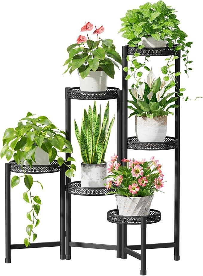 6 Tier Black Metal Plant Stand Indoor Outdoor Corner Tall Flower Display Rack