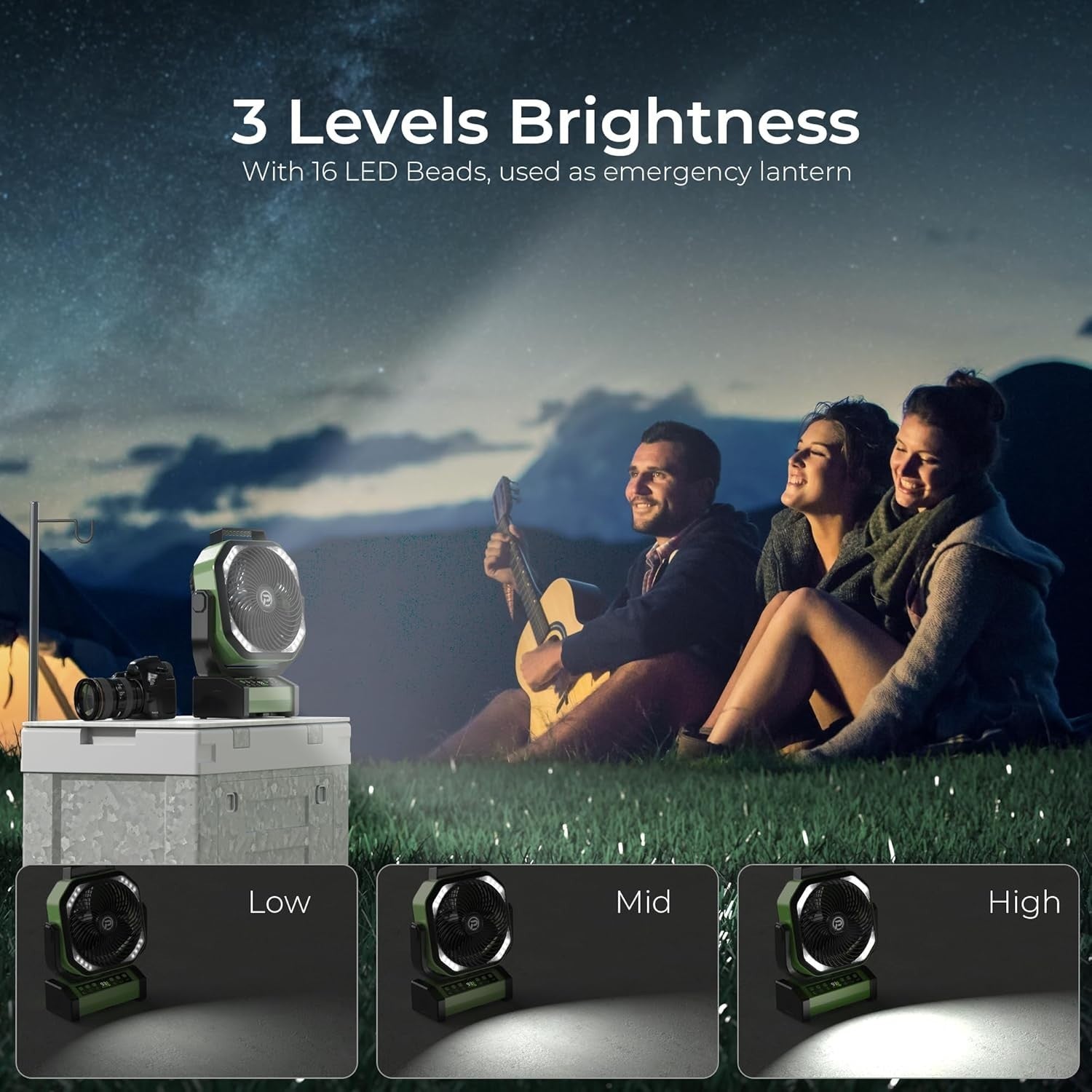 Green Camping Fan – 20000mAh Rechargeable w/ LED Light, 9 Speeds & Remote Timer
