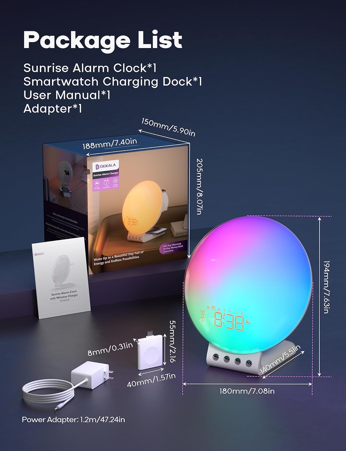 Sunrise Wake Up Light Alarm Clock App Control Wireless Charging Multicolor