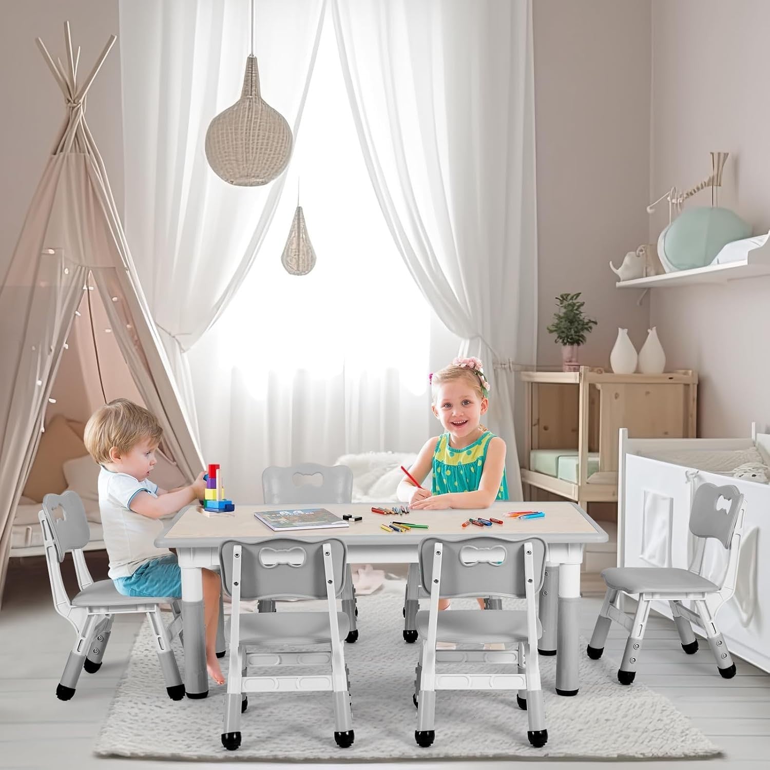 Adjustable Kids Table & 6 Chairs Set – Ergonomic, Easy Clean, Age 2–10