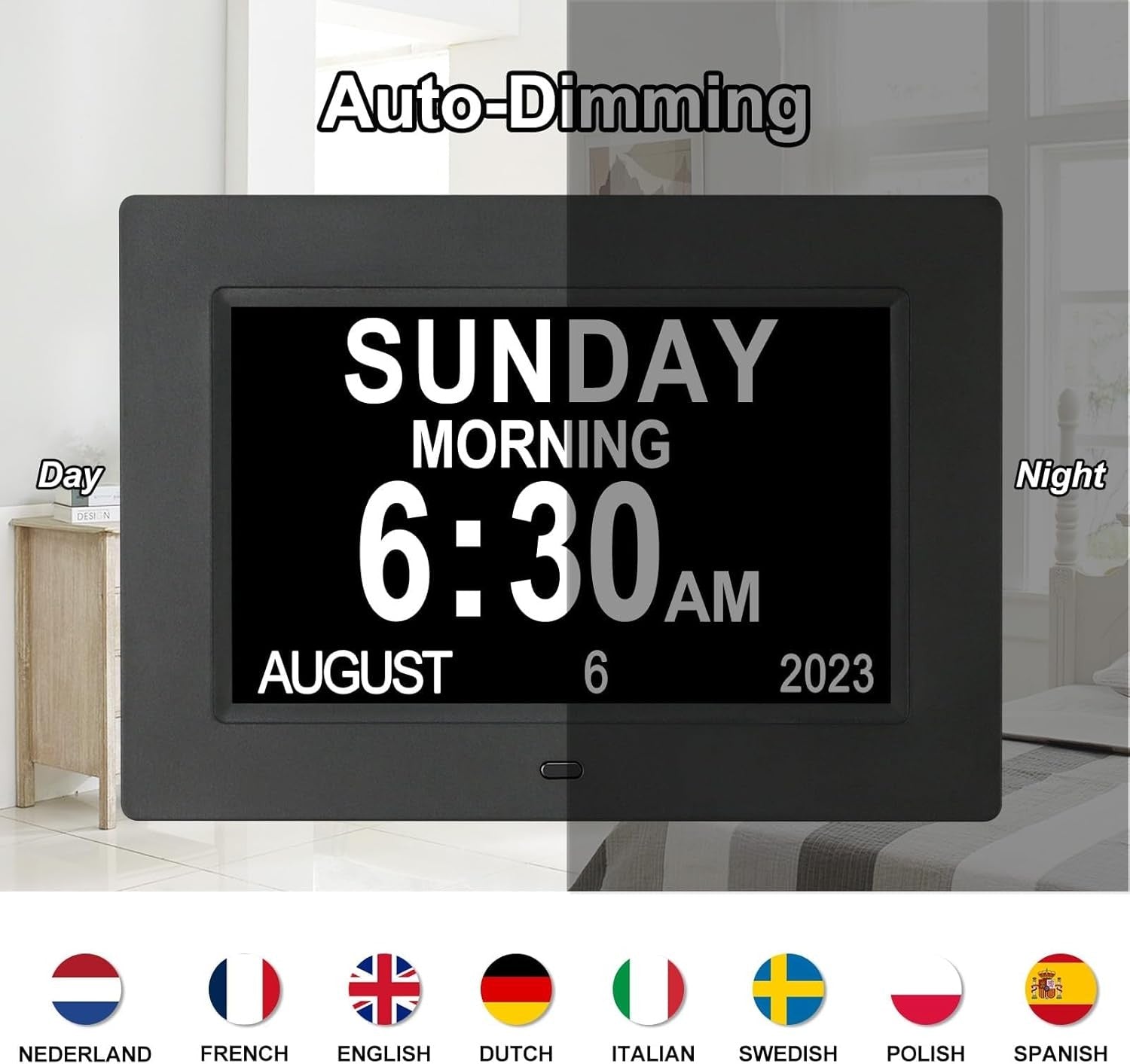 Large Digital Dementia Clock Day Date Time Display Auto Dimming 7 Inch