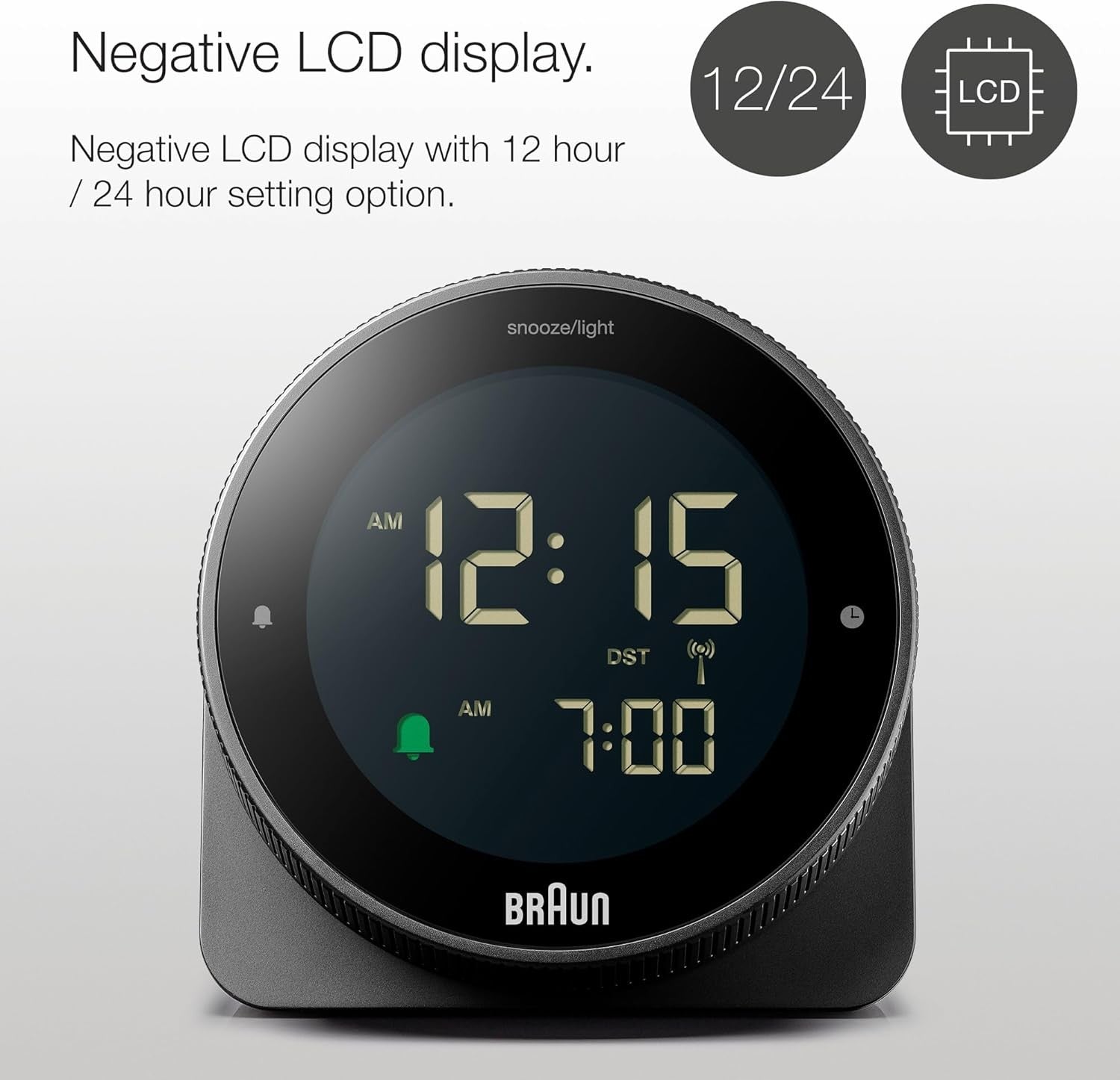 Radio Controlled Digital Alarm Clock Silent Snooze Reverse LCD Black