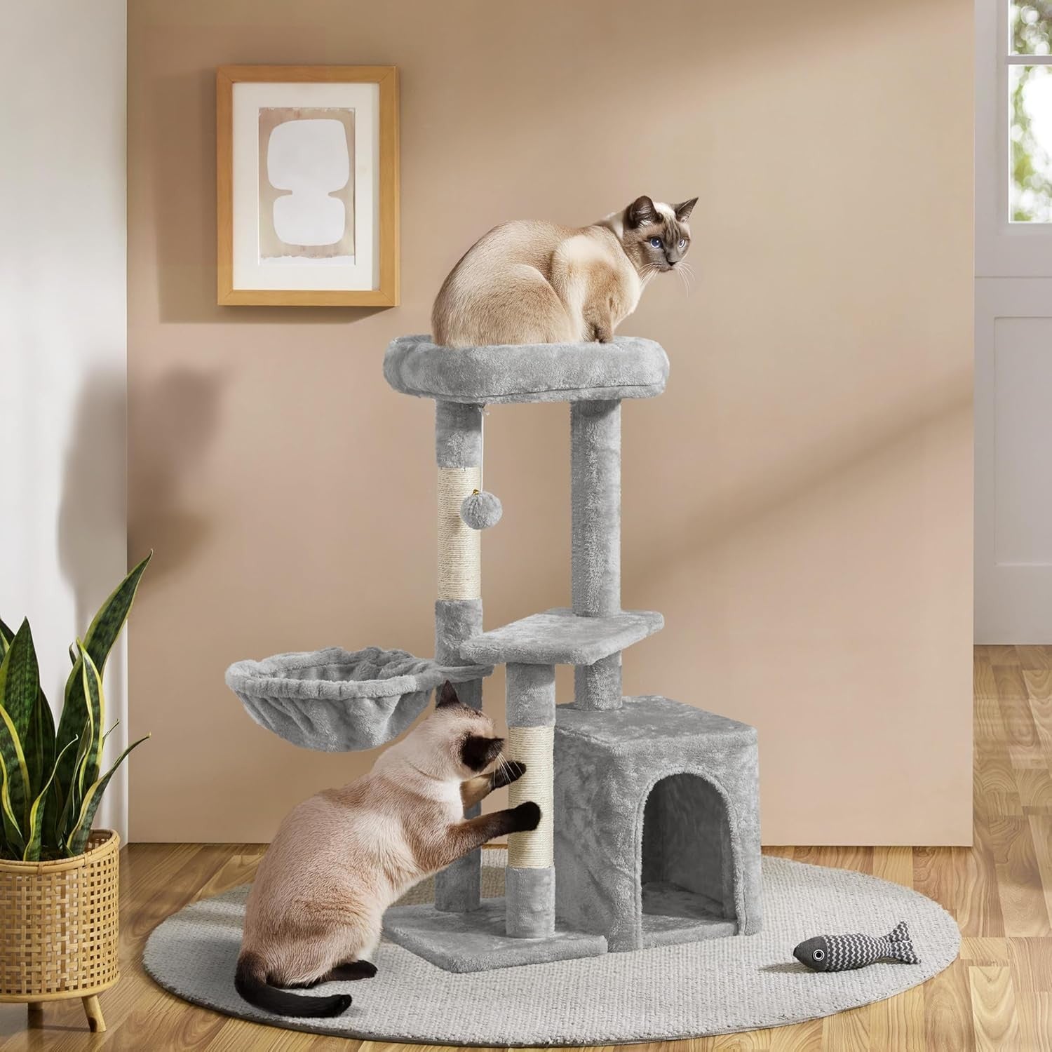Small Cat Tree 87cm Multi Level Scratching Tower with Condo Light Grey