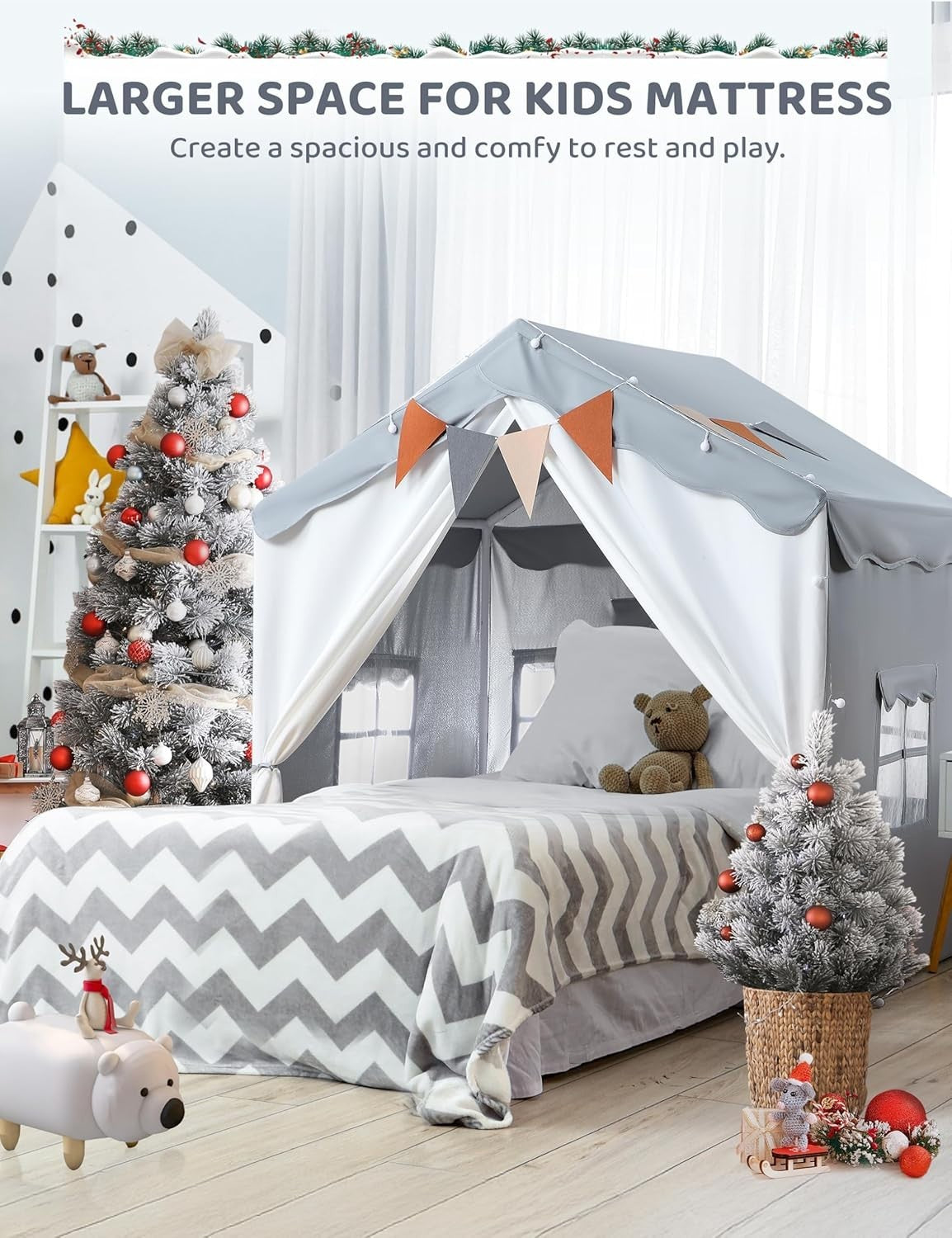 Grey Kids Play Tent Bed Canopy with Lights Padded Indoor Castle