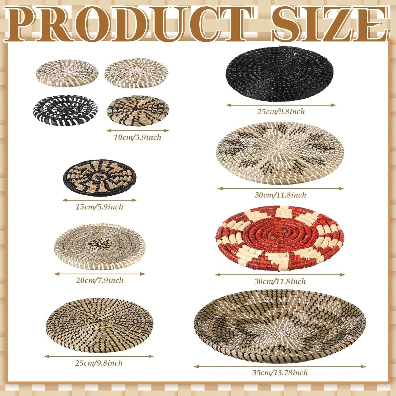 11PCS Boho Woven Wall Baskets Bulrush Farmhouse Decor Clr Dark