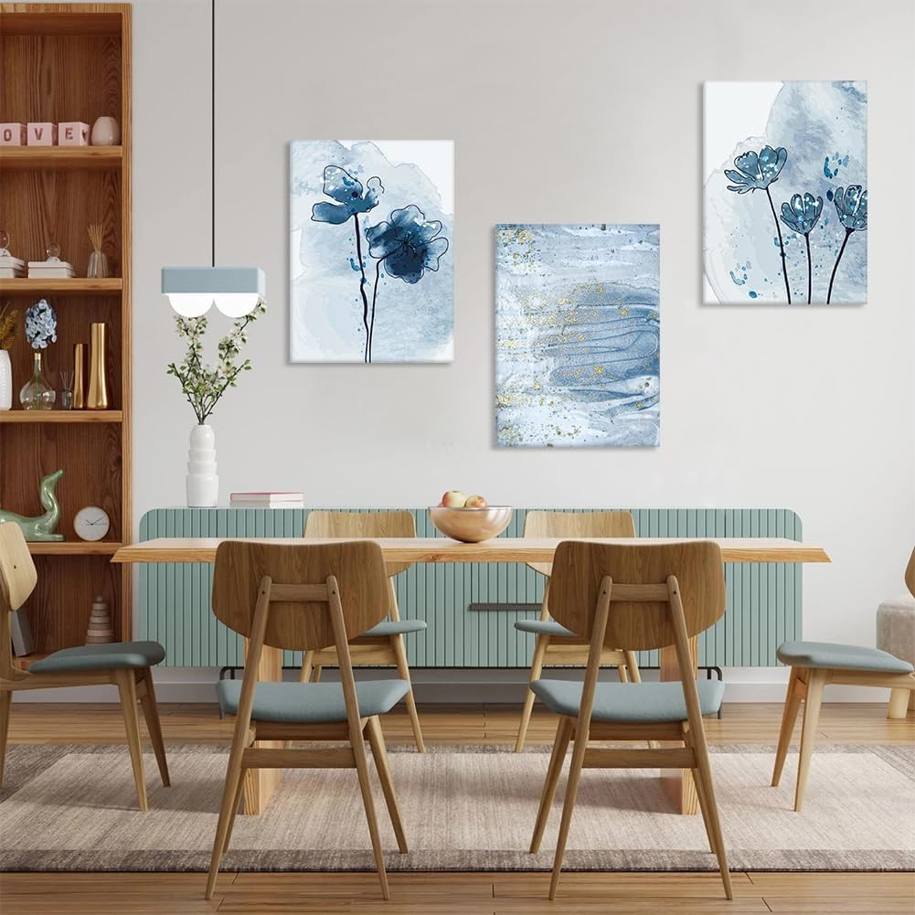 3 Piece Blue Gold Abstract Canvas Wall Art 30x40cm Framed Set