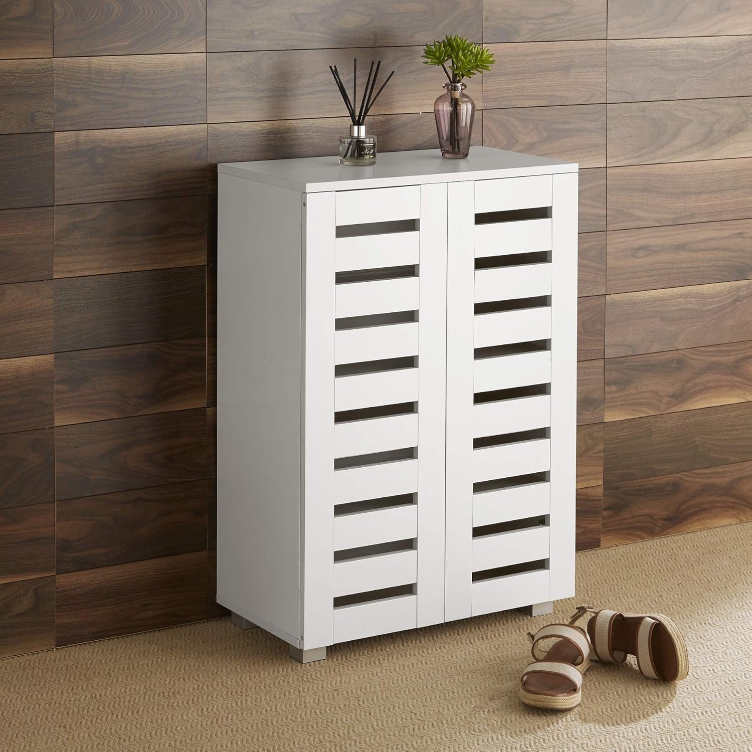 White Wooden Shoe Cabinet with Slatted Doors, 2 Door Modern Storage Cupboard