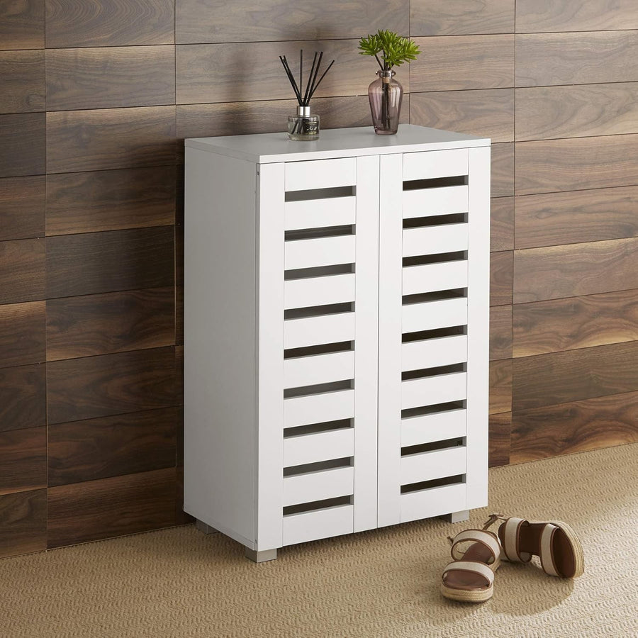 White Wooden Shoe Cabinet with Slatted Doors, 2 Door Modern Storage Cupboard