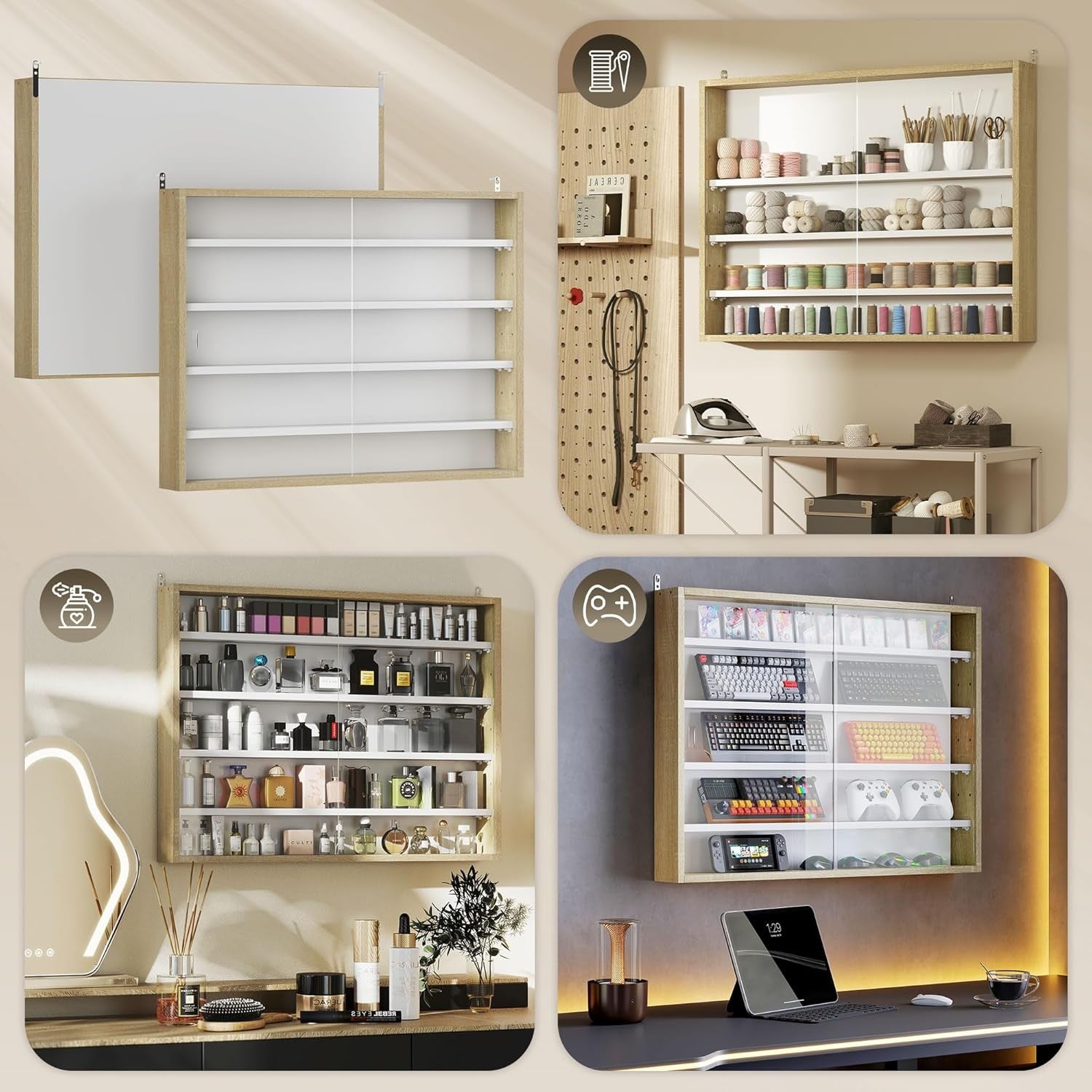 5-Tier Natural Wood Display Cabinet | Wall-Mounted Glass Sliding Door Shelf 60×8