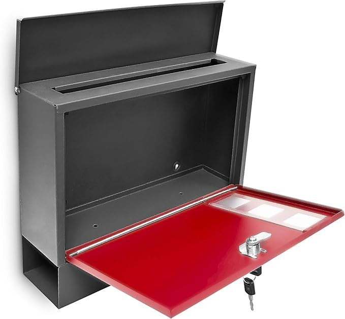 Lockable Wall Mounted Mailbox Black Red Secure Post Box w/ Keys A4 Slot