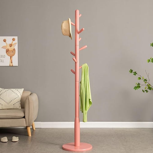 Pink Wooden Freestanding Coat Rack with 9 Hooks | Modern Hall Stand for Home