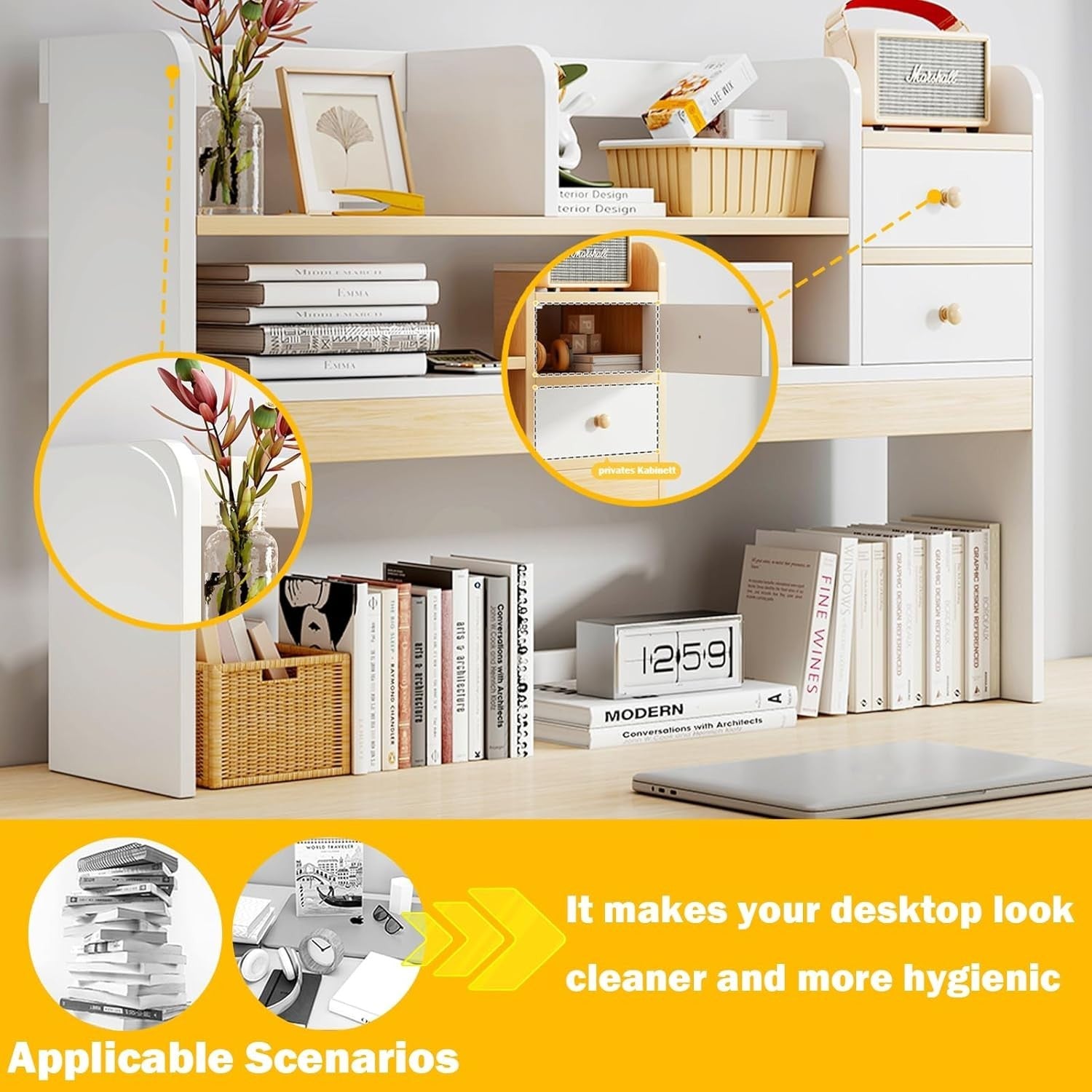 White Desktop Bookshelf Desk Hutch Organizer Expandable Shelf w/ 2 Drawers