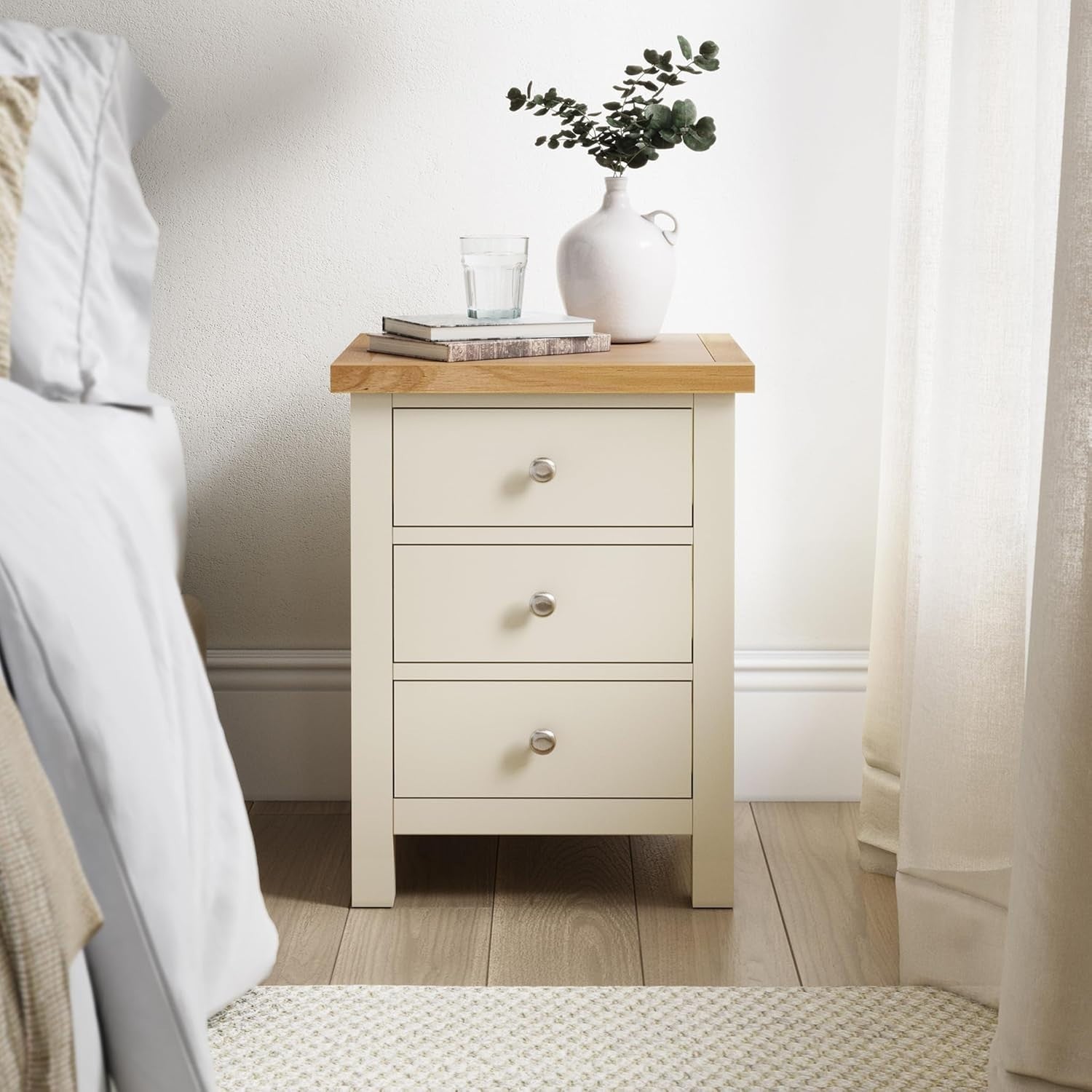 Cream 3 Drawer Bedside Table with Oak Top – Solid Wood Nightstand