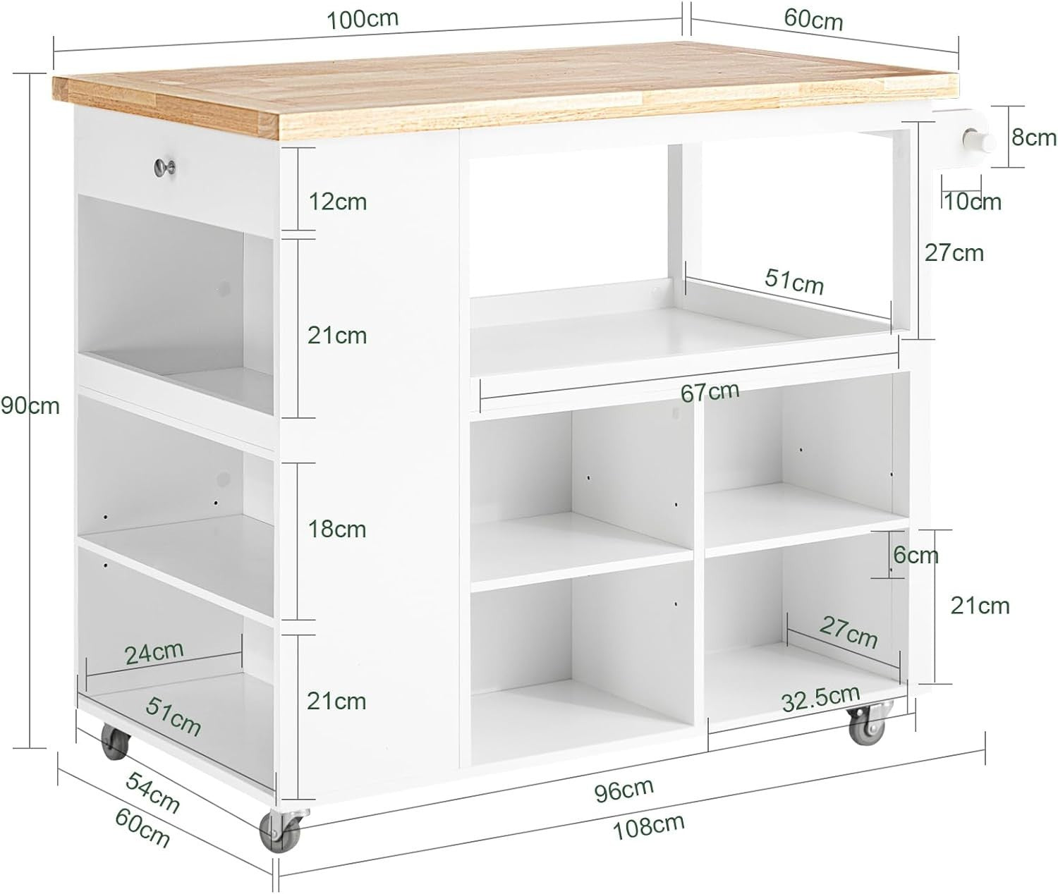 Kitchen Island Trolley with Rubberwood Top & Storage | 108x60x90cm Cart