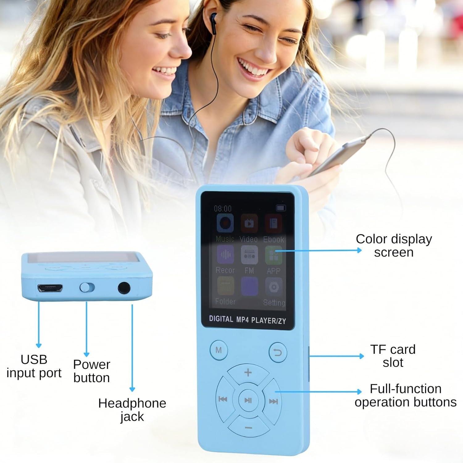 64GB Bluetooth 5.0 MP3 MP4 Player 1.8" LCD FM Radio Blue