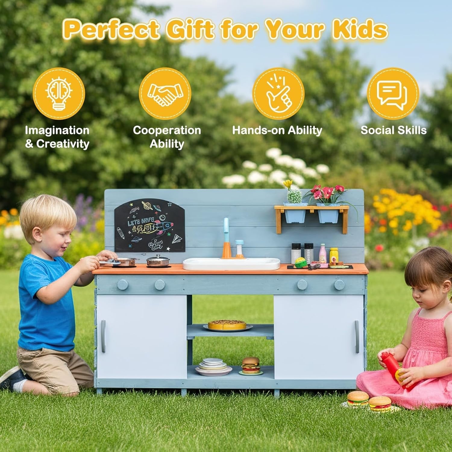 Outdoor Kids Mud Kitchen Wooden Playset Sink Stoves Chalkboard 3-8