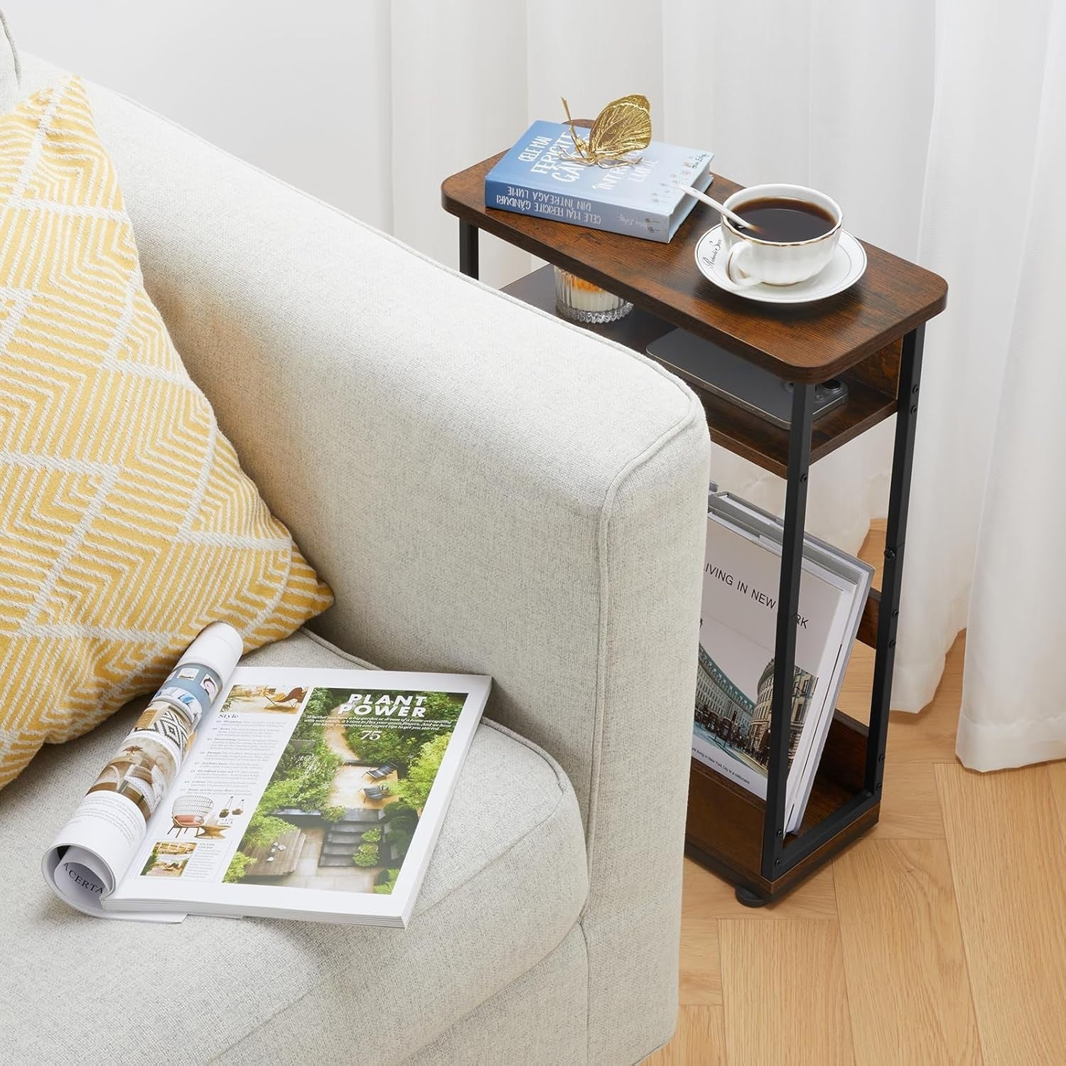Narrow Rustic Brown Bedside Table 18x40x55cm, Storage Shelf, Slim Design