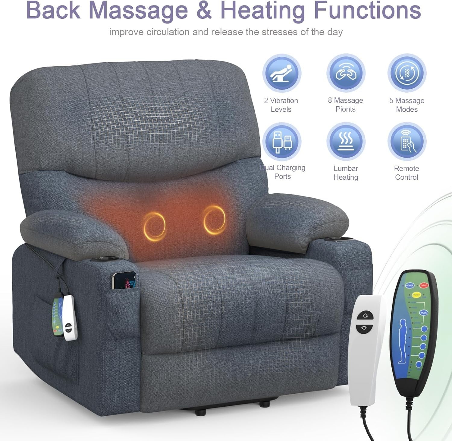 Electric Lift Recliner Chair Oversized Massage Heat USB Type-C Dark Blue Sofa