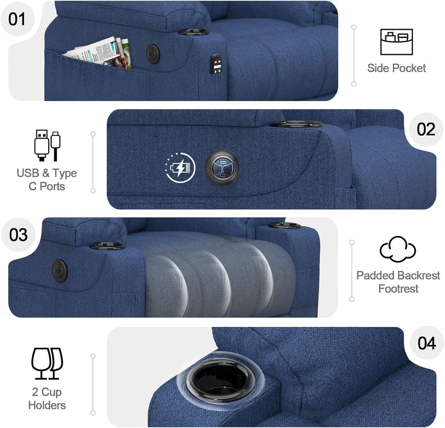 Set of 2 Lift Recliner Chairs Massage Heat USB Type-C Cup Holders Large Blue