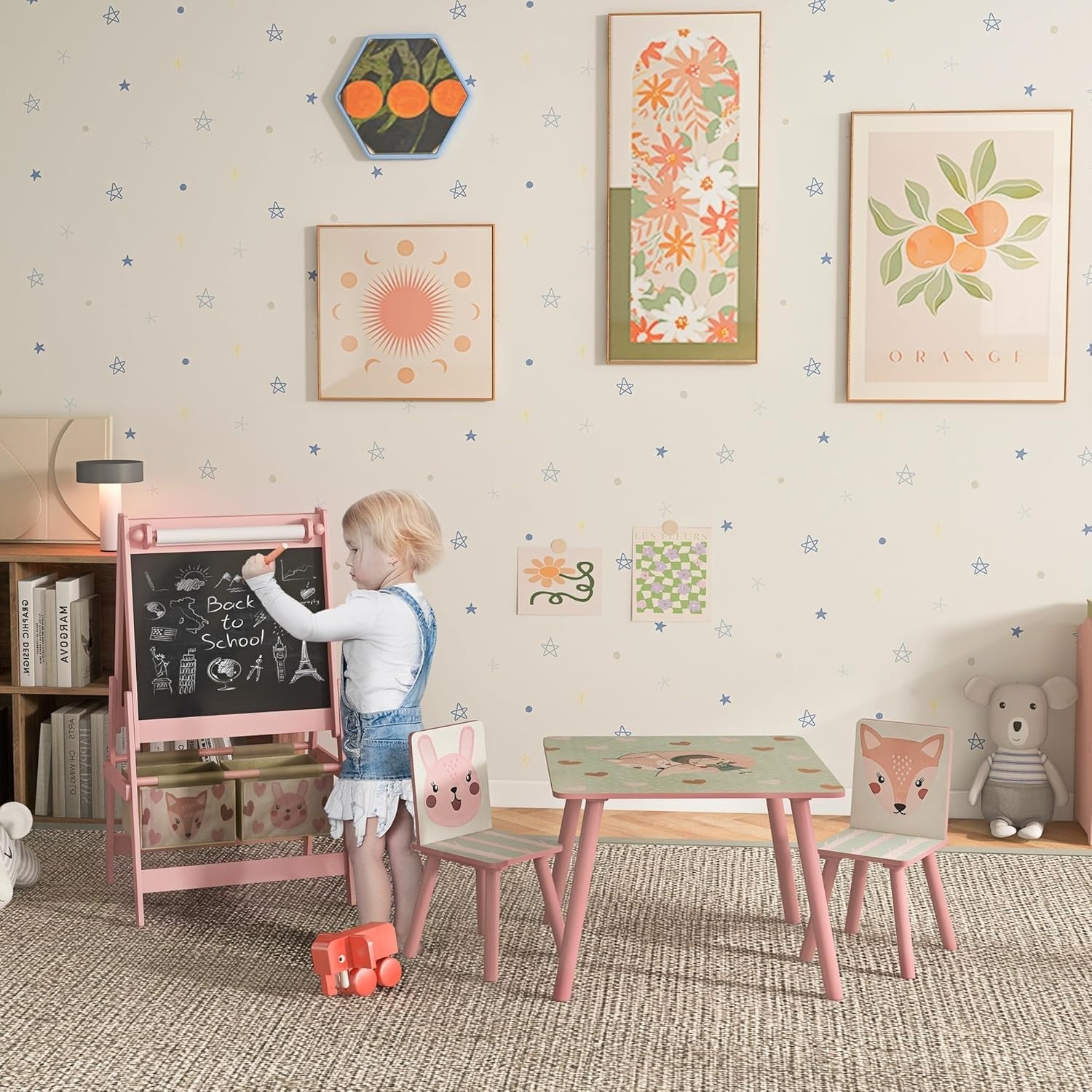 Kids Table & Chairs Set with Easel, Chalkboard & Paper Roll, Pink