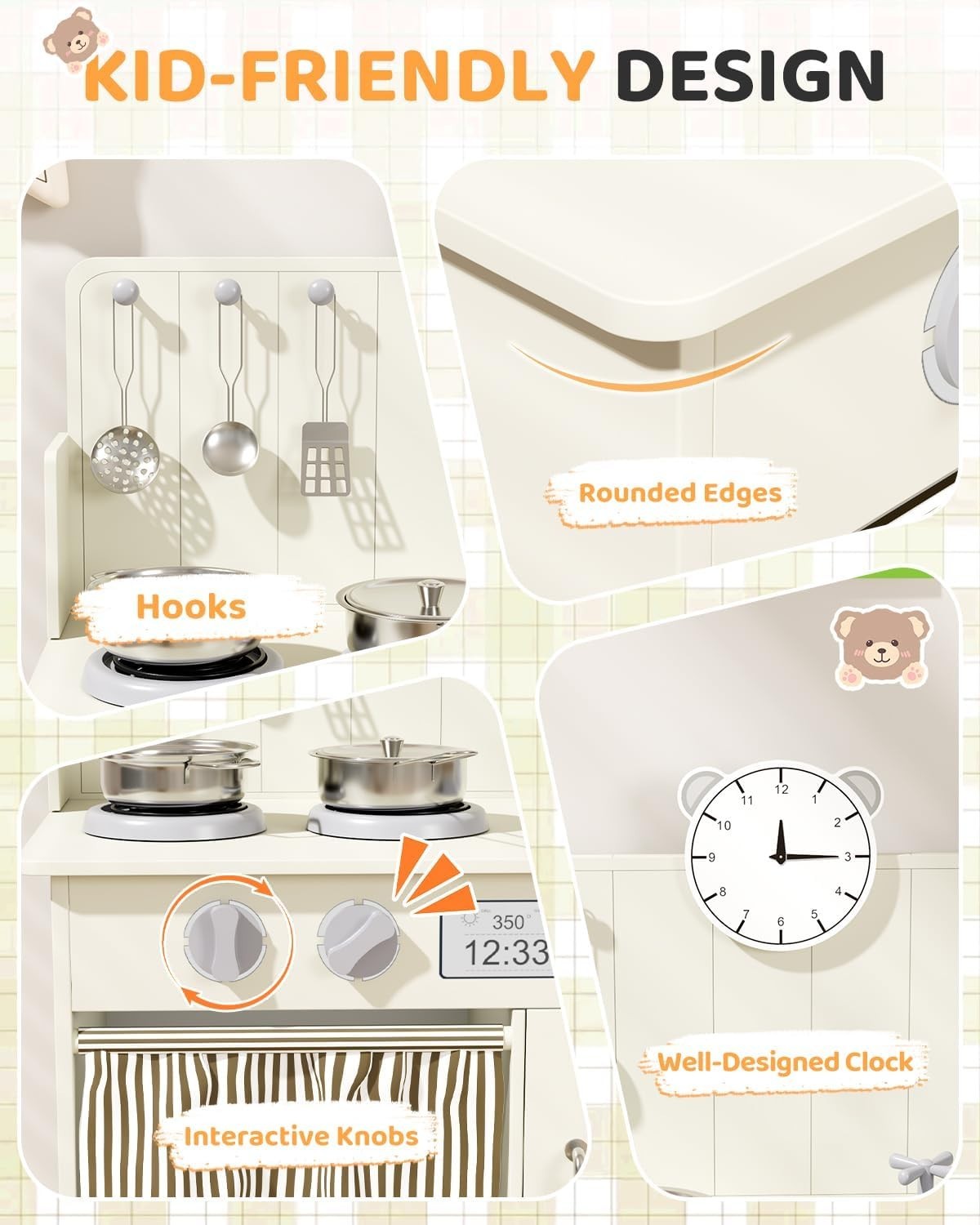 Wooden Kids Play Kitchen Cream Cooker Sink Toy Set w Storage & Clock