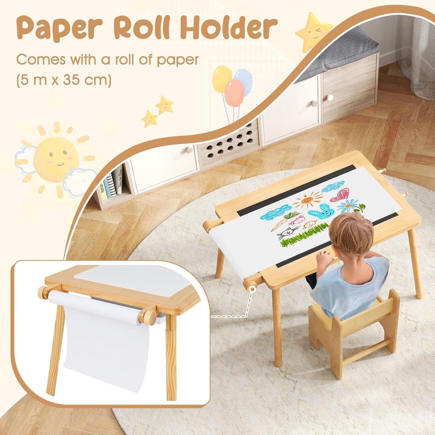 Kids Sensory Table & Chair Set with Sand, Water Bins, Paper Roll & Storage