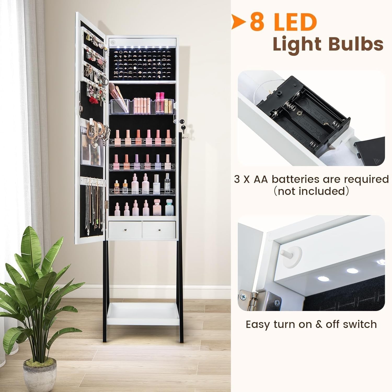 LED Jewelry Cabinet Freestanding Lockable Armoire Full Length Mirror White