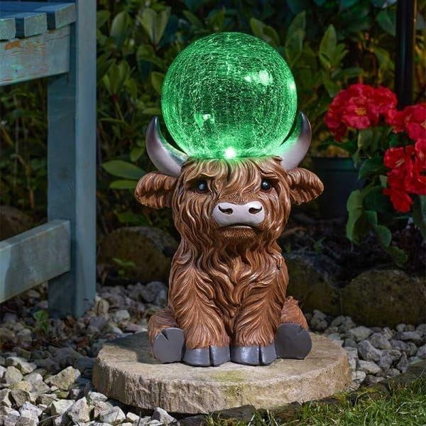 Solar Highland Cow Garden Ornament with LED Crackle Ball Resin Outdoor Statue