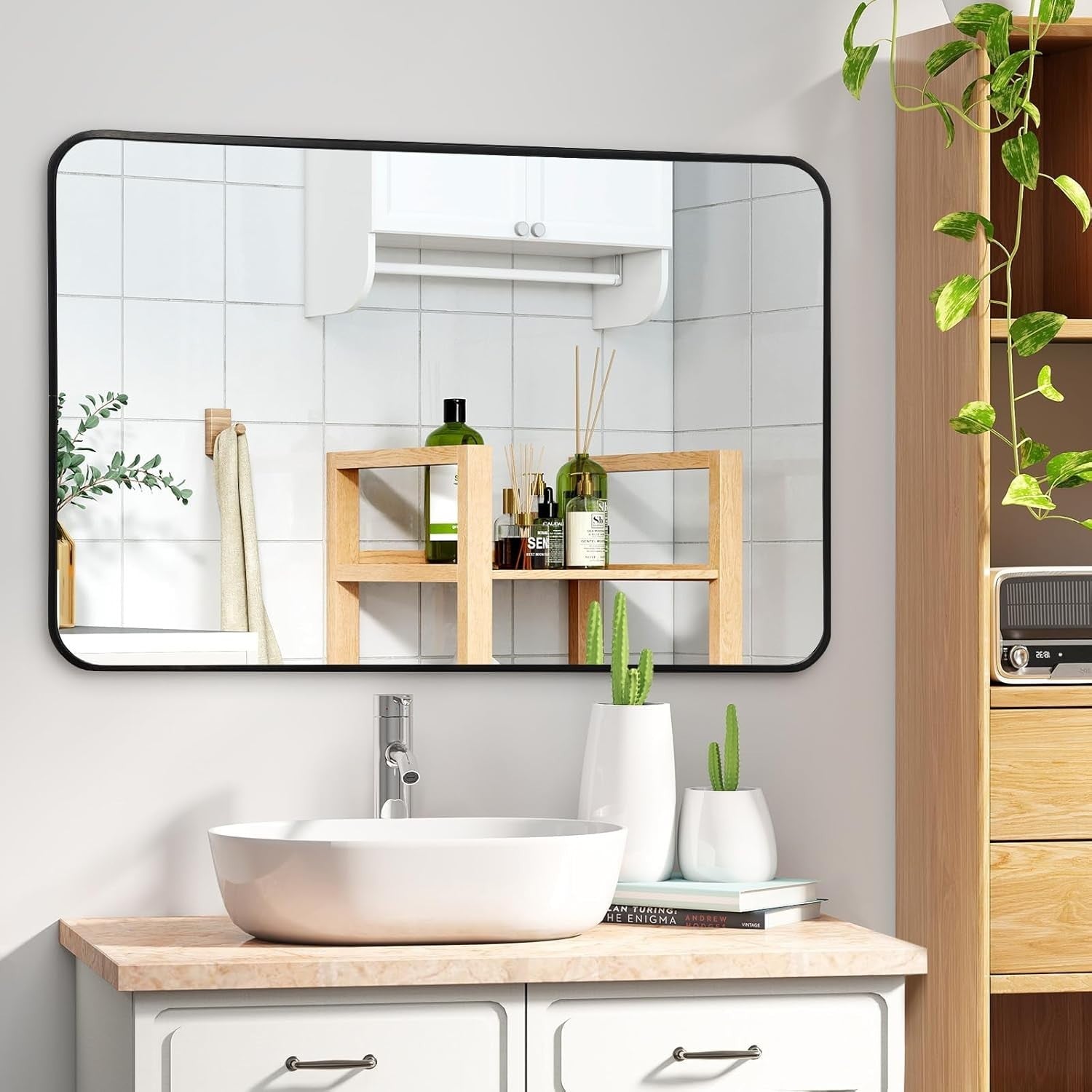 Bathroom Wall Mirror 100x70cm Black Aluminum Frame Curved Corners No LED