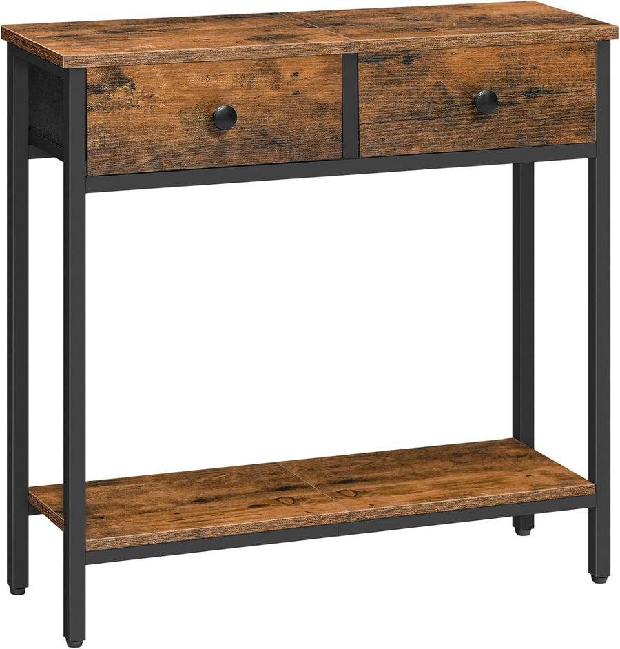 Slim Console Table with Storage Drawers & Shelf, Industrial Rustic Look