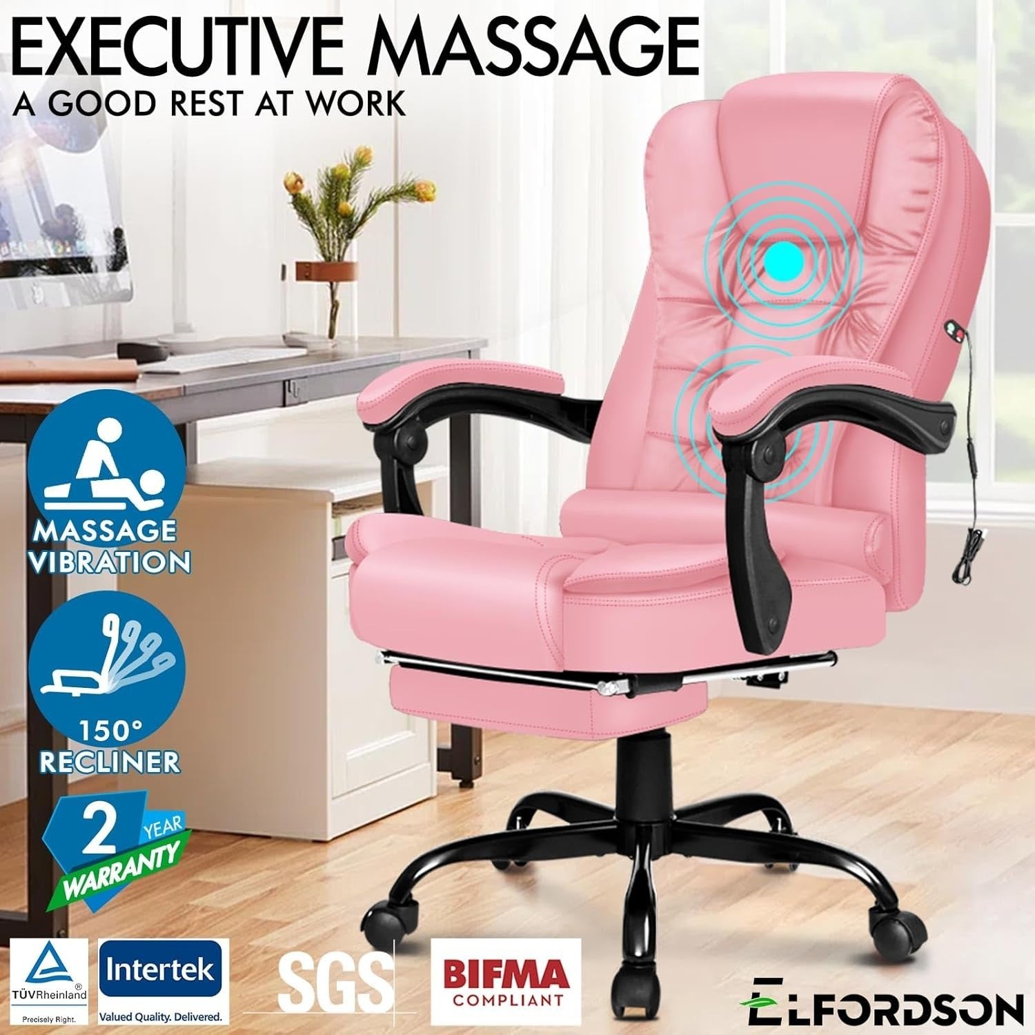 Pink Massage Gaming Office Chair Recliner Footrest Executive Swivel PU Leather