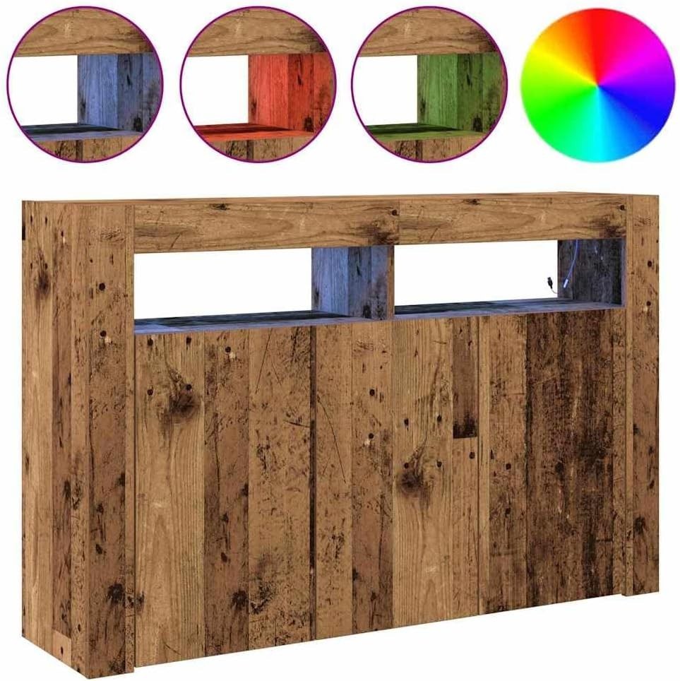 Rustic LED Wooden Sideboard Cabinet 3 Doors 8 Compartments Storage Buffet