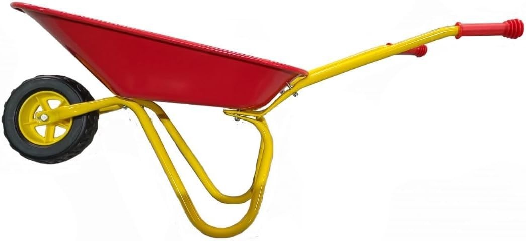 Kids Metal Wheelbarrow Red/Yellow – Garden Toy for Play Learning 20kg Load Cap