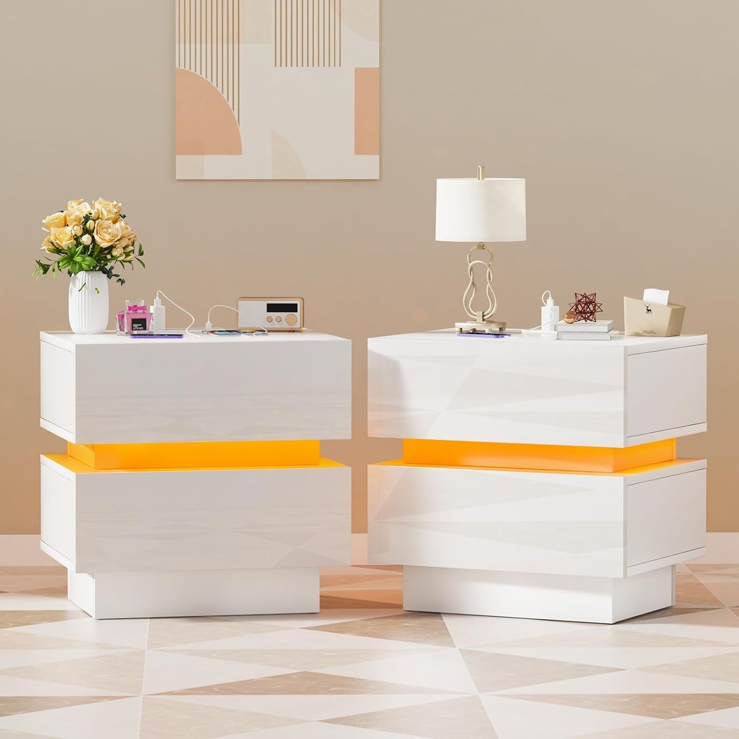 Modern LED Bedside Table with USB Charging, 2 Drawers, Gloss Finish