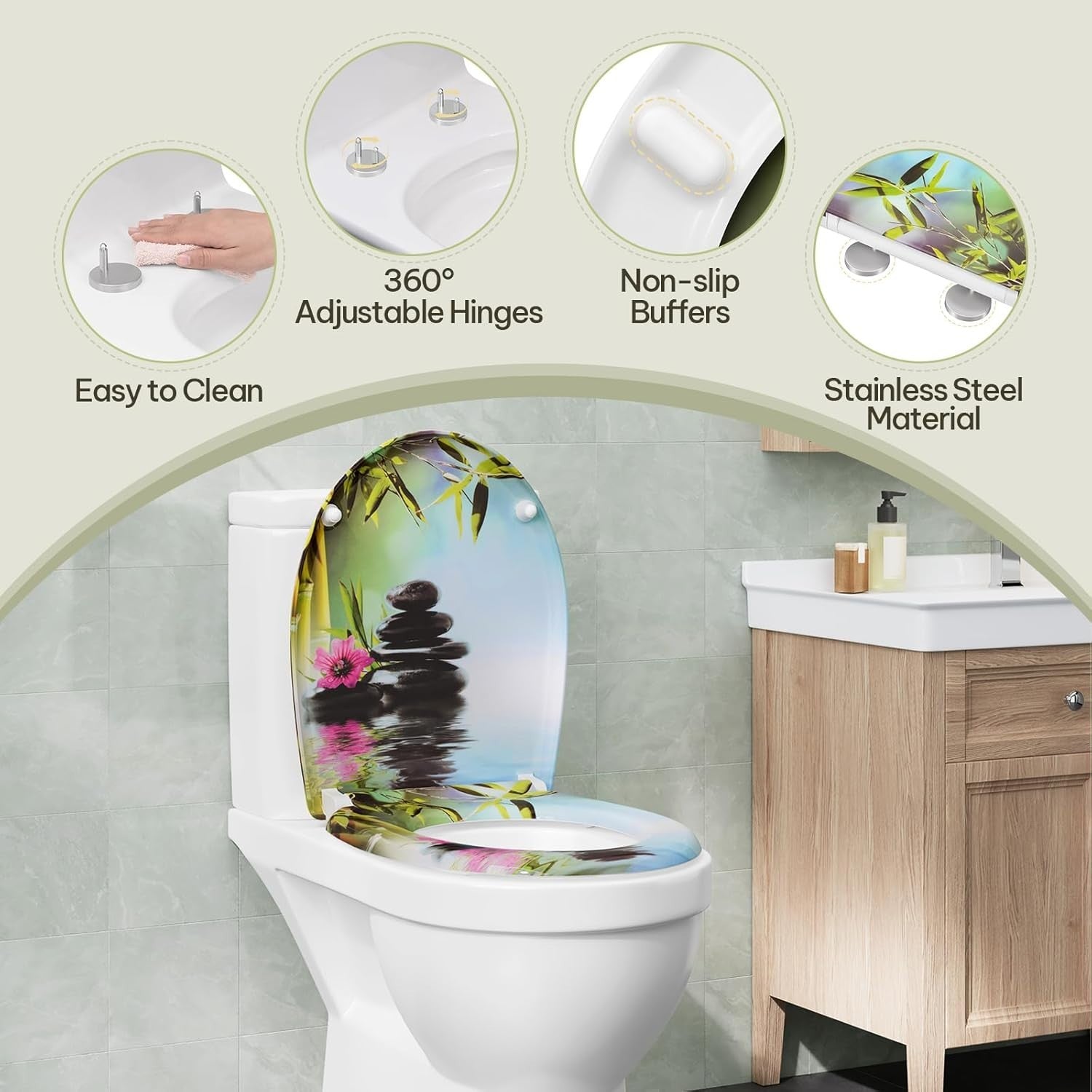 Soft Close O-Shaped Toilet Seat Quick Release Duroplast Stones & Flower Print