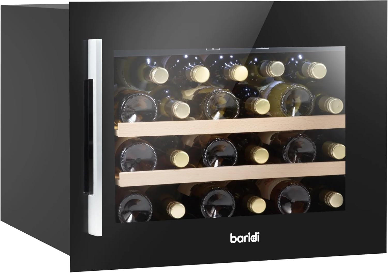 60cm Built In Wine Cooler 28 Bottle Glass Door LED Beech Shelves Black