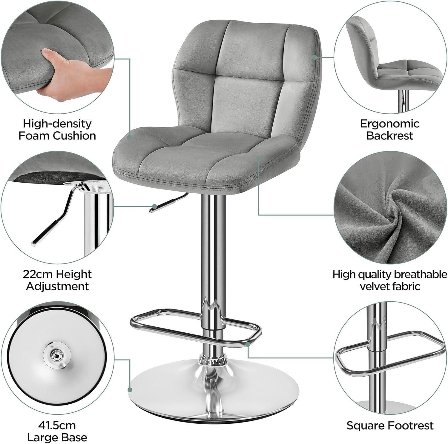 Adjustable Velvet Bar Stools Set of 2 – Swivel Counter Chairs