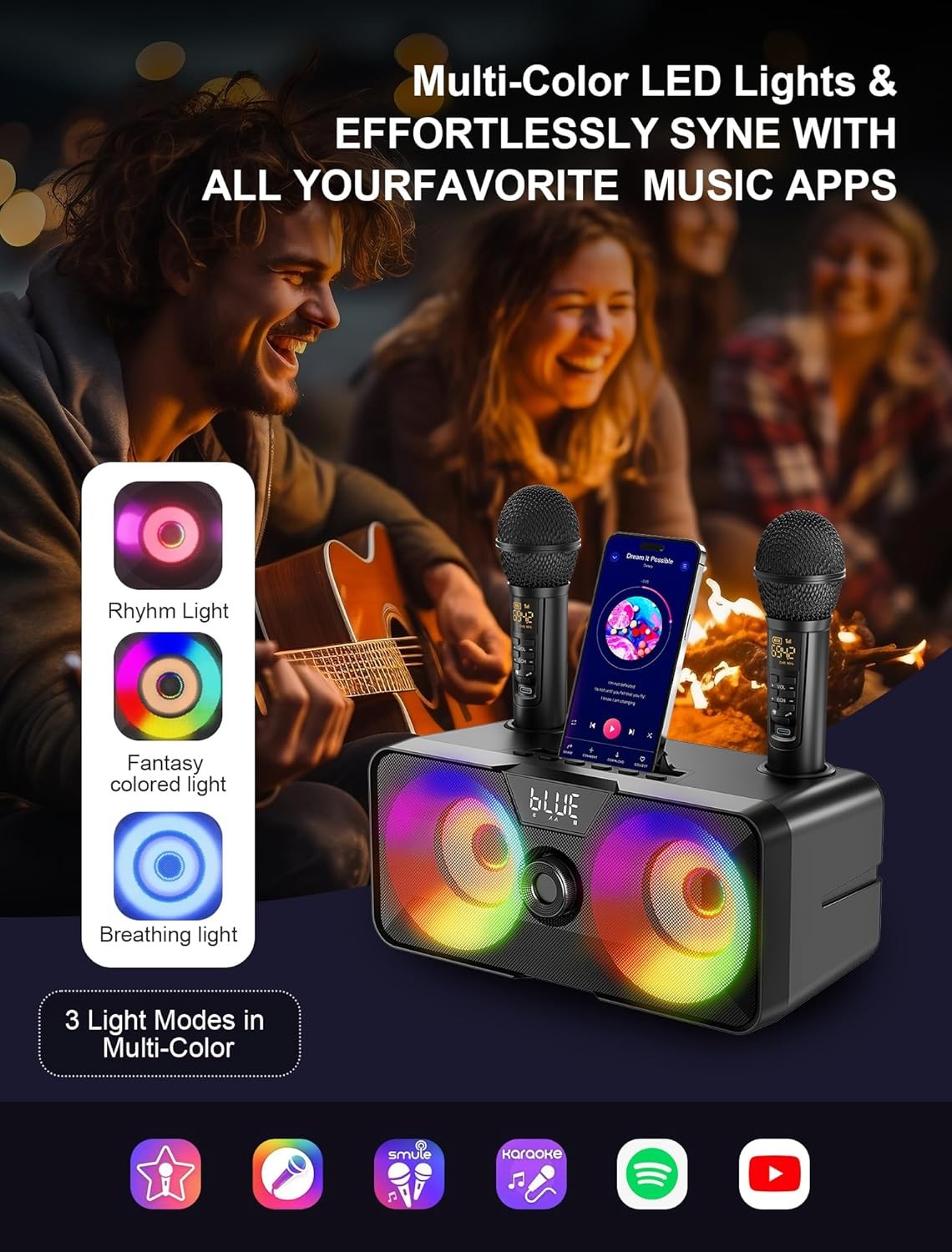 Karaoke Machine with 2 UHF Wireless Mics Bluetooth LED Speaker