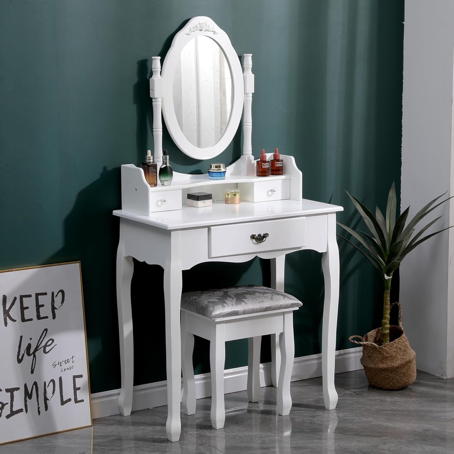 Vintage White Vanity Dressing Table Mirror Stool Set 3 Drawers Engineered Wood