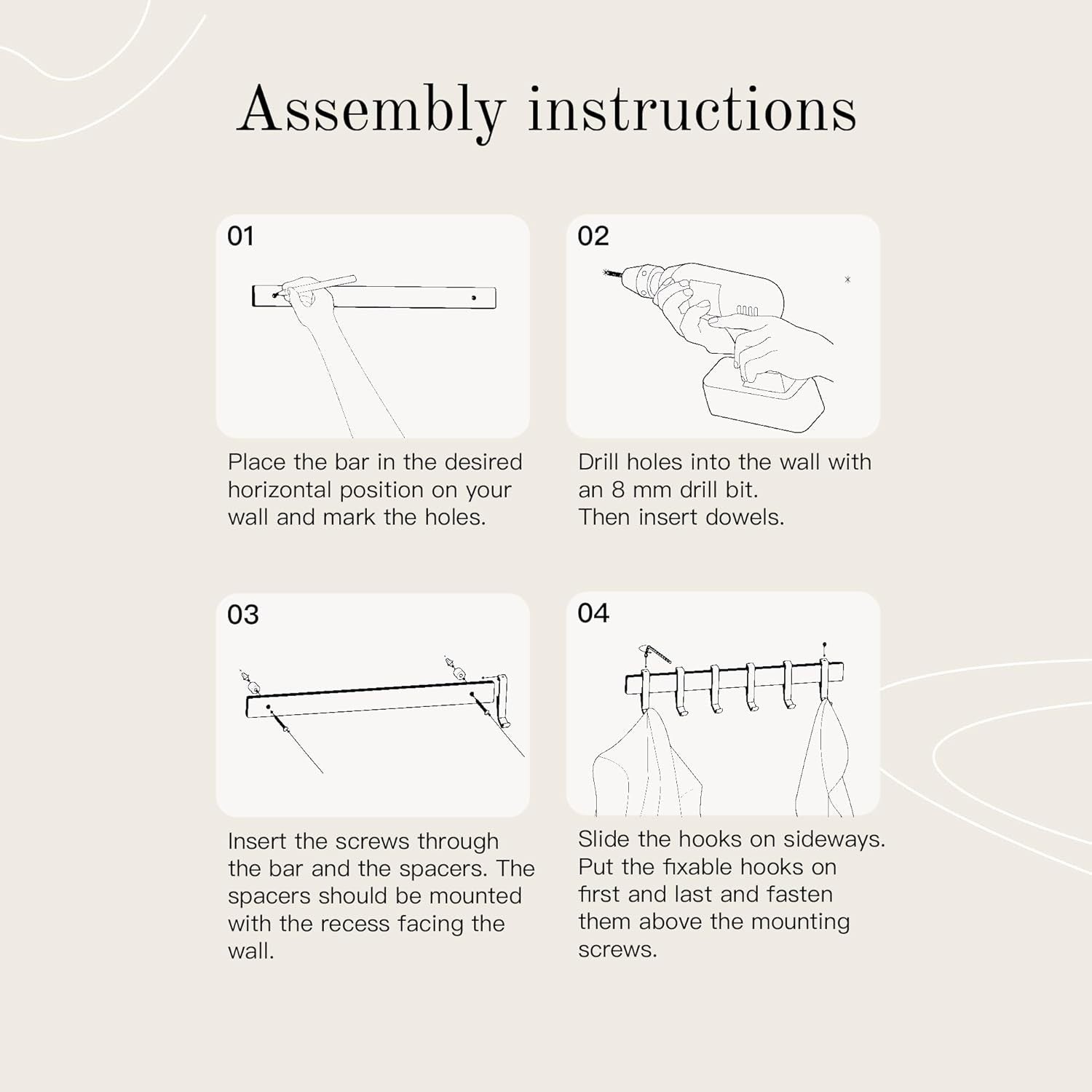 Modern Wall Coat Rack 80cm | Black Metal Rail with 8 Sliding Hooks Matte