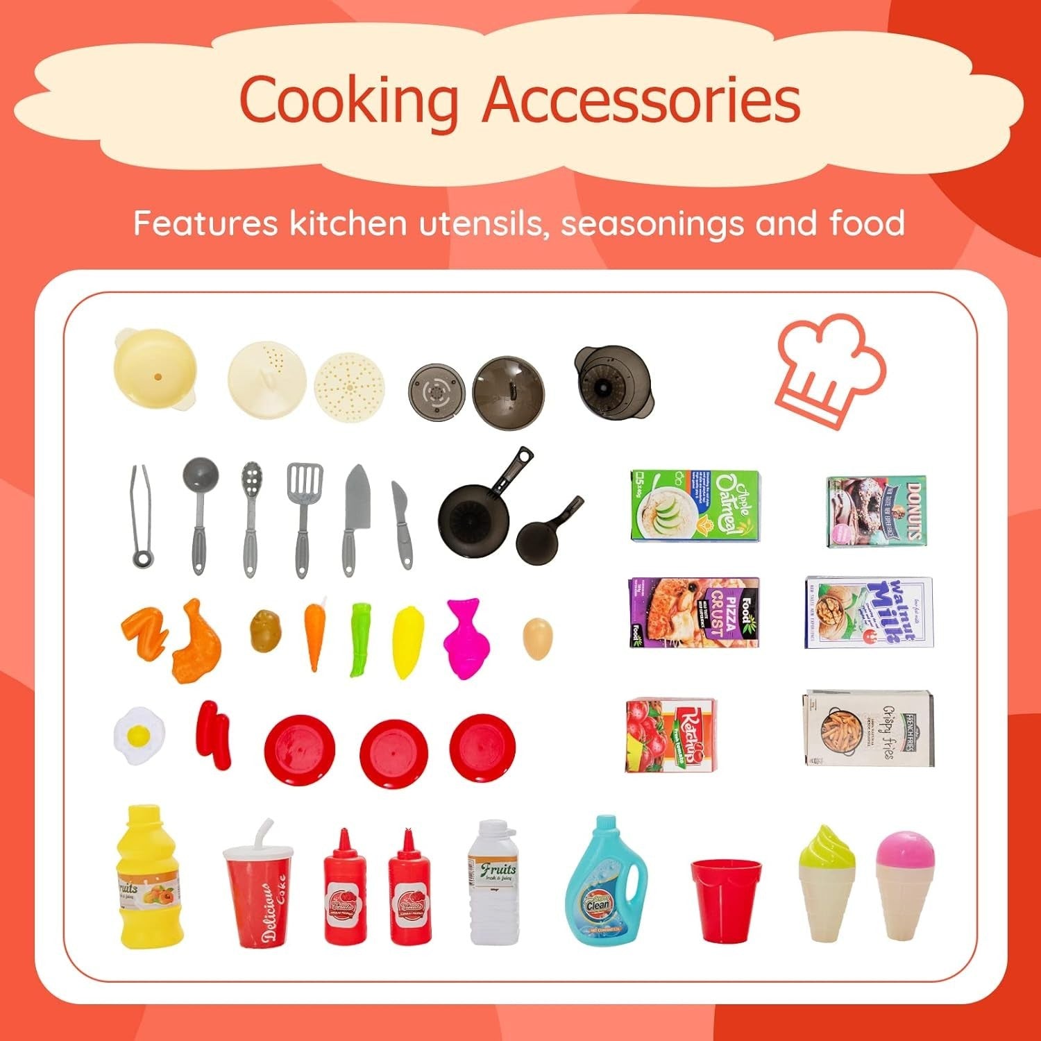 Kids Play Kitchen 69PCS Lights Sounds Steam Running Water Orange